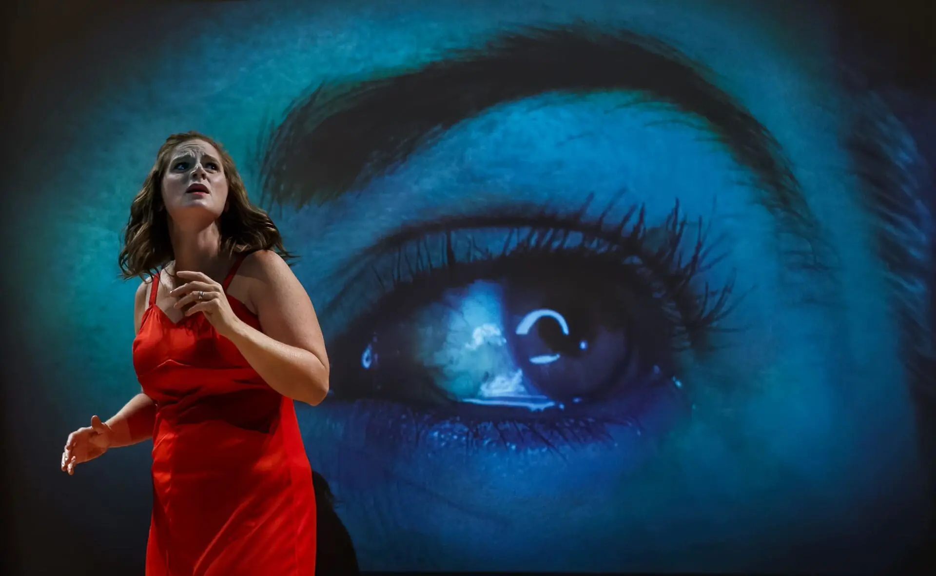 MUO Dawn Bruch-Wiens as Judith (live) with Janice Marple as Danica (eyeball on screen)