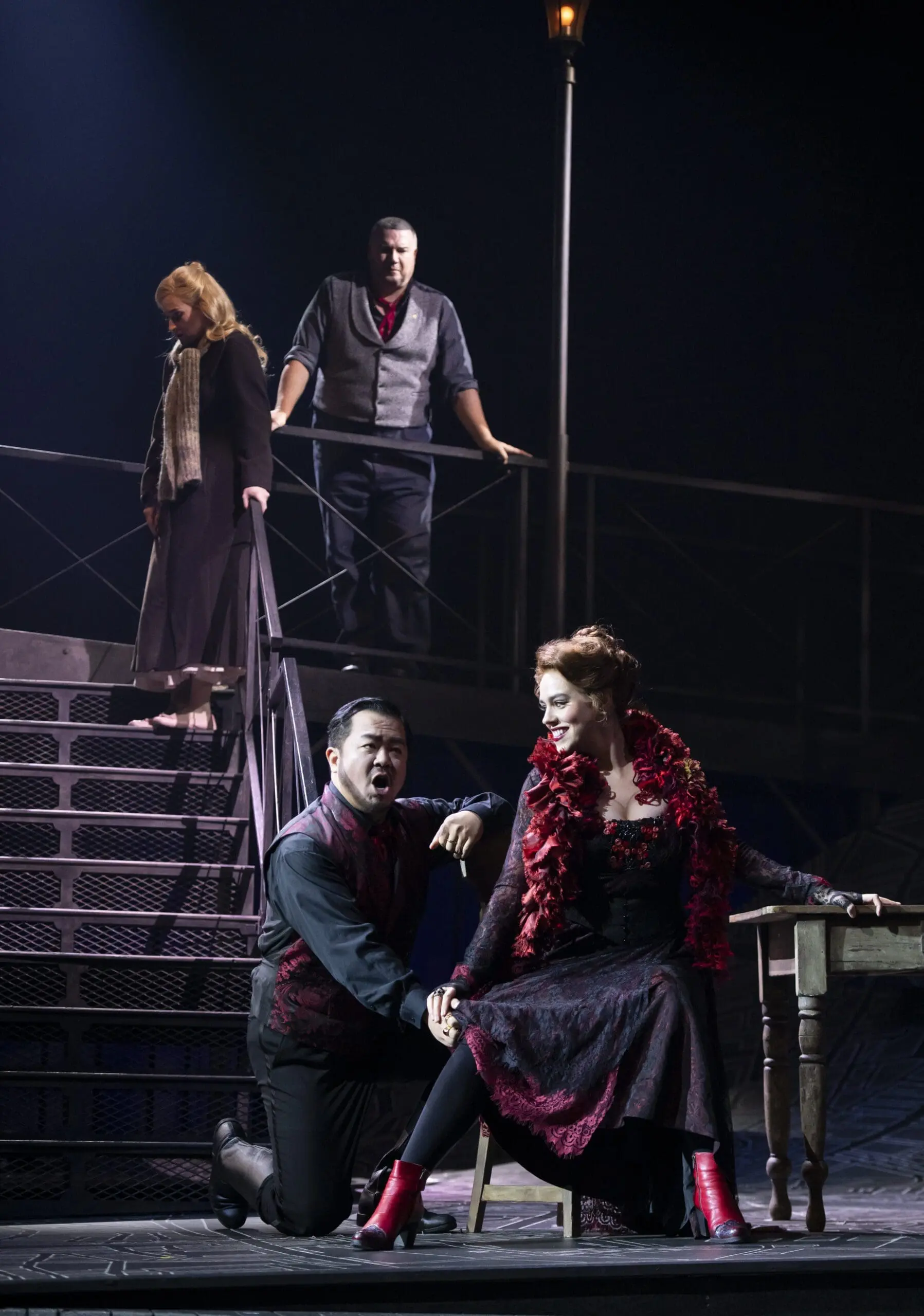 Sarah Dufresne as Gilda, Michael Chioldi as Rigoletto, Yongzhao Yu as the Duke of Mantua, and Emma Parkinson as Maddalena -Photo Emily cooper